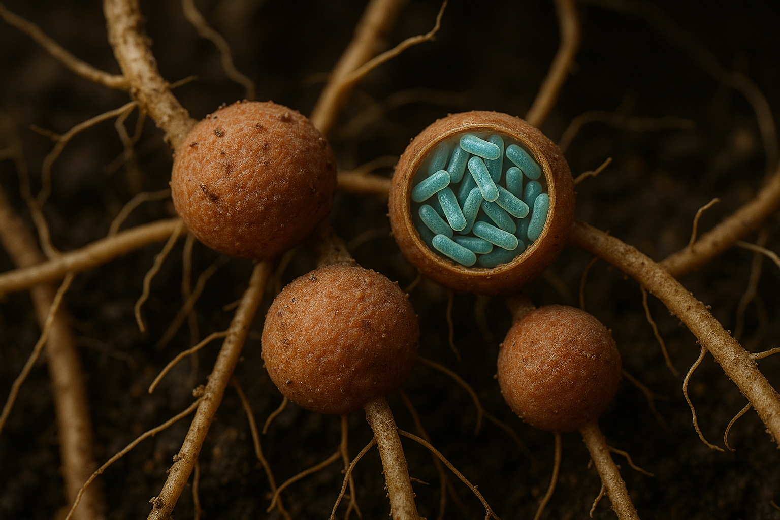 Nitrogen-fixing bacteria inside a plant root nodule