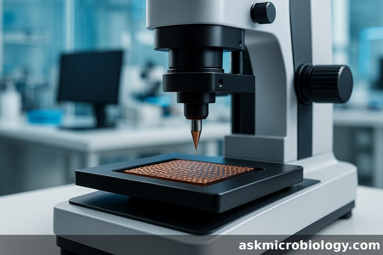 Atomic force microscope scanning a nanostructured sample with askmicrobiology.com watermark.