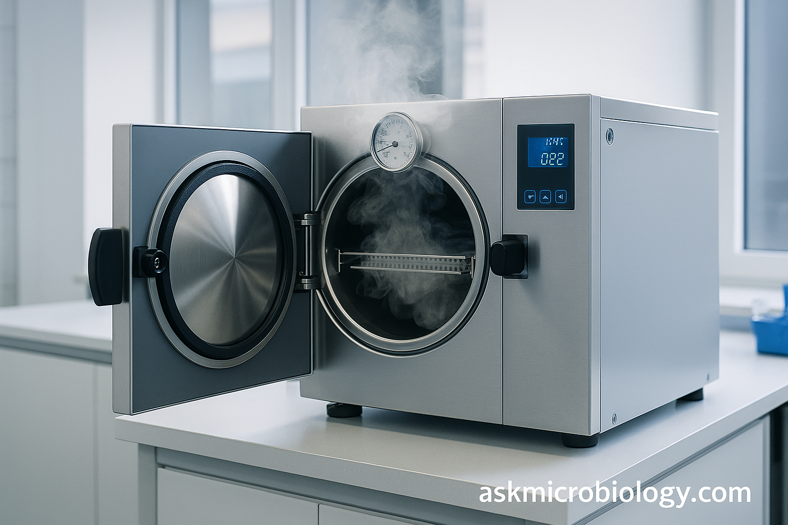 High-pressure autoclave releasing steam in a laboratory with digital controls, askmicrobiology.com watermark