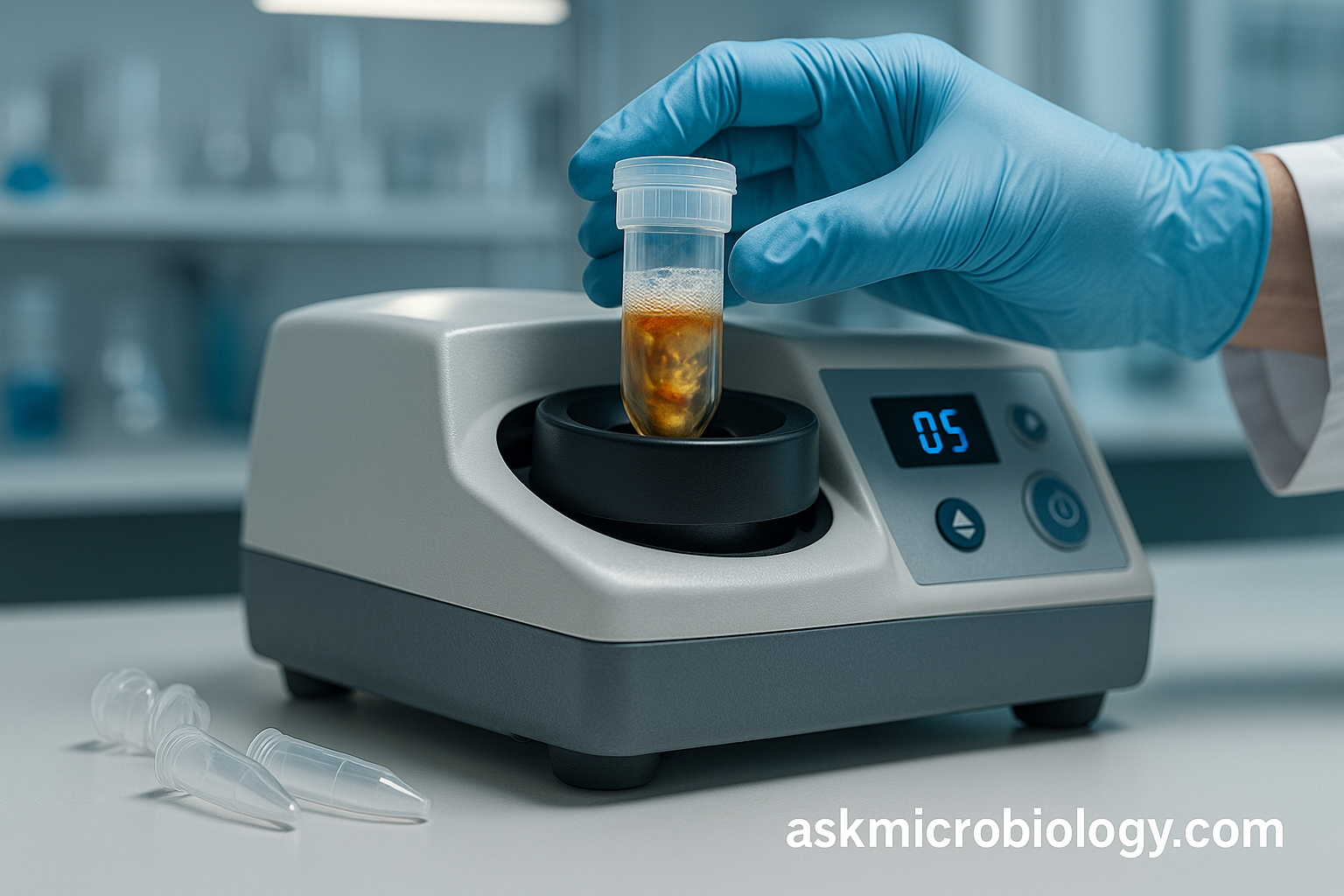Modern lab cell homogenizer breaking down cells in a tube on a lab bench