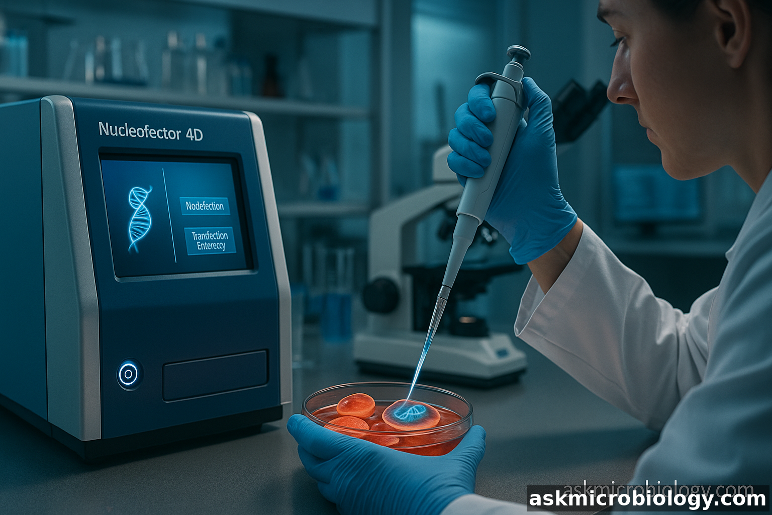 Scientist using a Nucleofector 4D device to transfect cells in a modern lab, askmicrobiology.com watermark