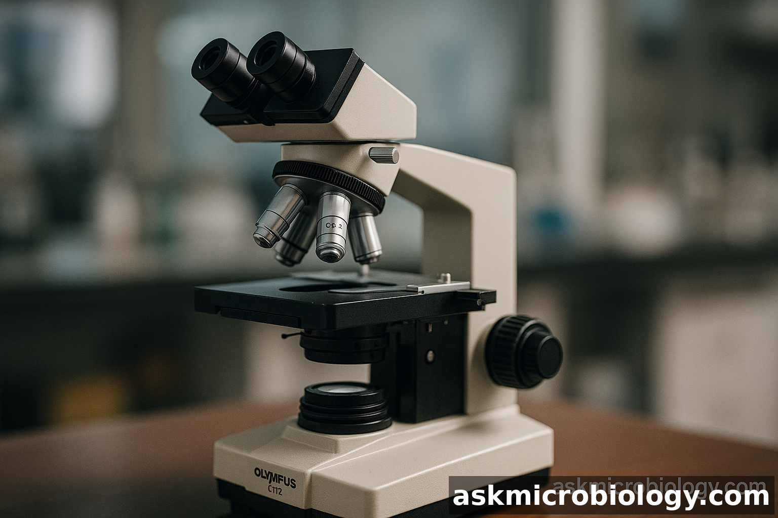 Hyper-realistic image of an Olympus CH-2 compound microscope with blurred laboratory background and askmicrobiology watermark.