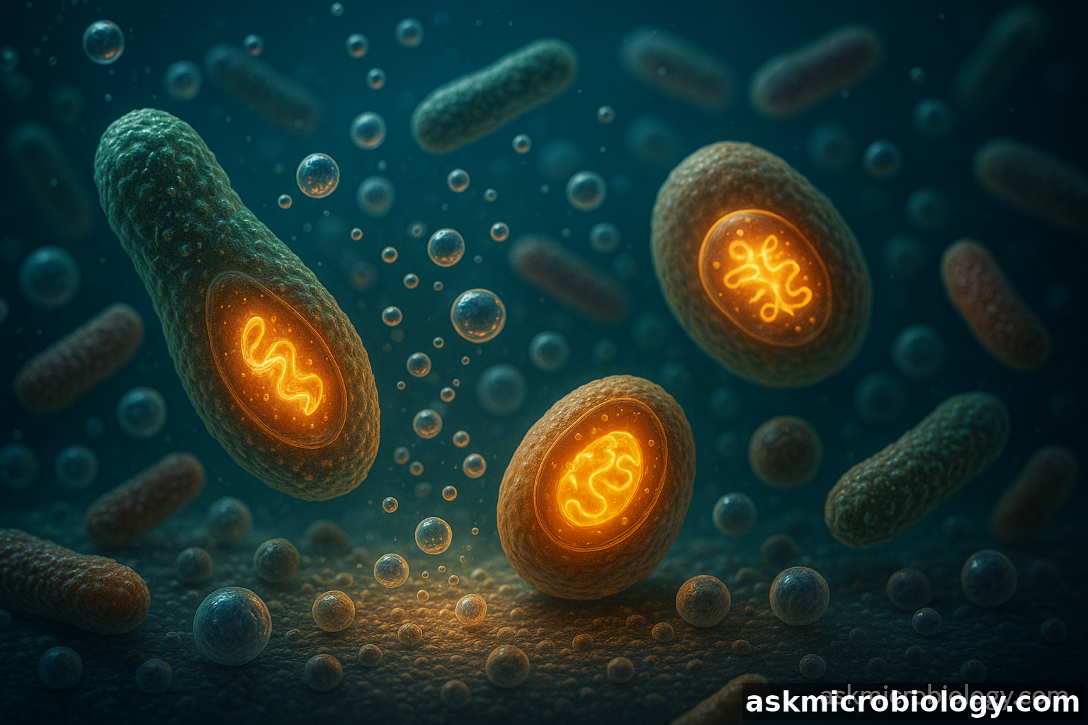 Microorganisms undergoing cellular respiration with glowing internal structures and bubbles, with askmicrobiology.com watermark