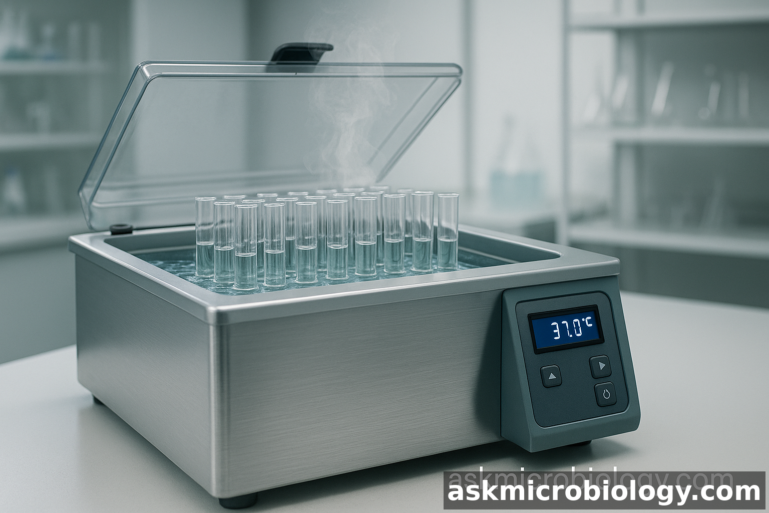 Temperature-controlled water bath with test tubes and digital display used in microbiology laboratory