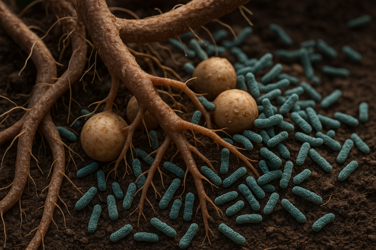 Plant root with nodules and nitrogen-fixing bacteria