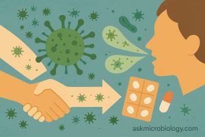 Illustration showing bacterial tonsillitis spreading through handshake, droplets, and contaminated surfaces; green bacteria on beige background with askmicrobiology.com text.