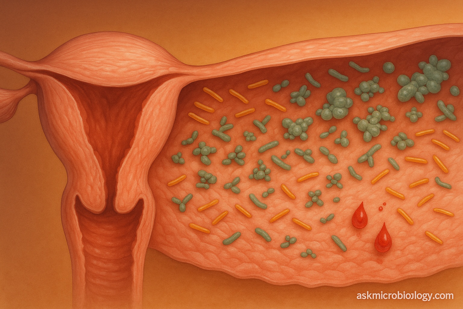 Hyper-realistic cutaway illustration of a cervix and vaginal lining showing healthy lactobacilli versus pathogenic bacteria with tiny blood droplets.