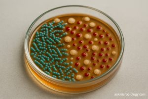 Petri dish illustrating healthy lactobacillus colonies (white), pathogenic bacteria (turquoise), and scattered red blood cells to symbolize the rare spotting associated with bacterial vaginosis.