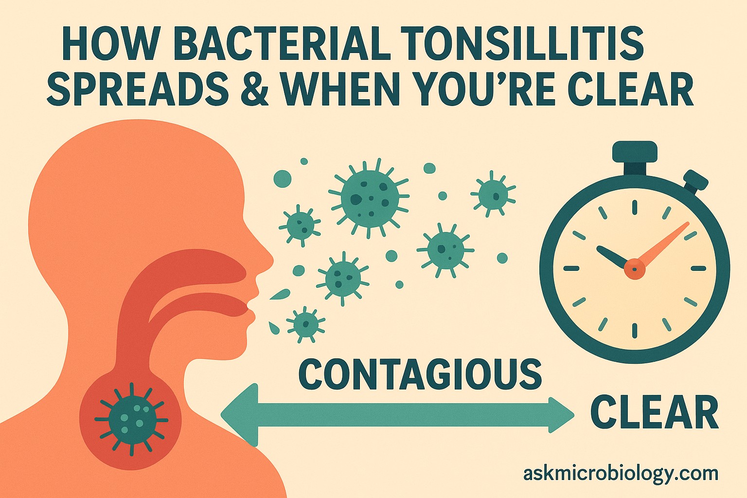 Illustration showing how bacterial tonsillitis spreads and when you're clear: stylized throat with floating bacteria, timeline arrow and clock; includes askmicrobiology.com text.