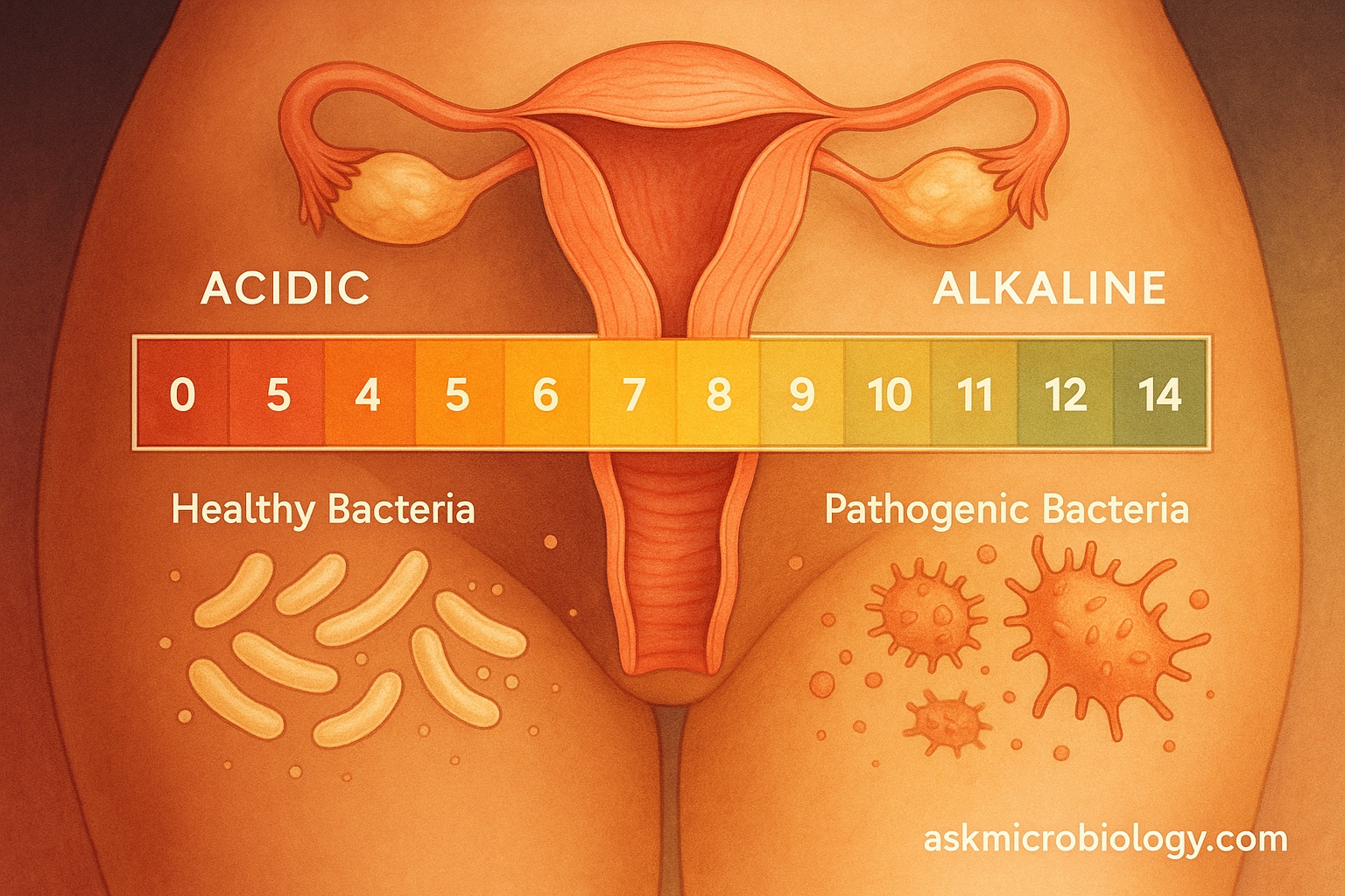 Hyper‑realistic medical illustration of a woman’s reproductive system highlighting vaginal pH balance with acidity and alkalinity scale, and beneficial vs harmful bacteria.