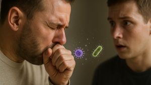 Realistic image showing man coughing droplets at another person, depicting tonsillitis contagion, with askmicrobiology.com watermark