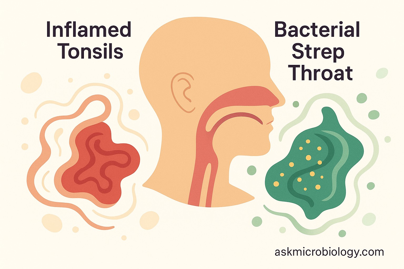 Illustration comparing inflamed tonsils and bacterial strep throat, showing stylized throat anatomy and microbes for patient education.