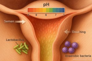 Hyper‑realistic illustration of vaginal microbiome showing Lactobacillus bacteria thriving in acidic conditions, pathogenic bacteria flourishing in alkaline conditions, with a pH scale, semen and douching triggers.